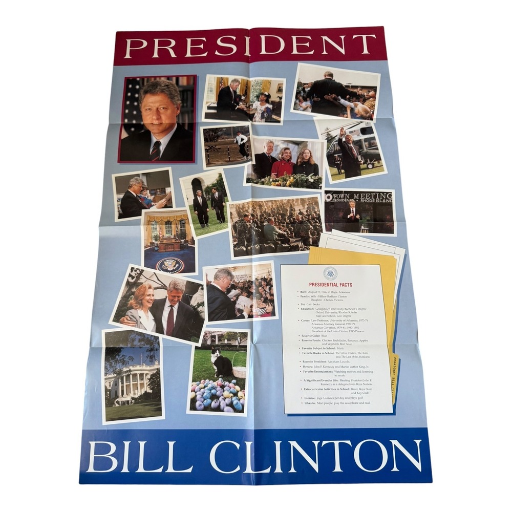 Vintage Bill Clinton Presidential Facts Poster 34x22 90s Political Memorabilia